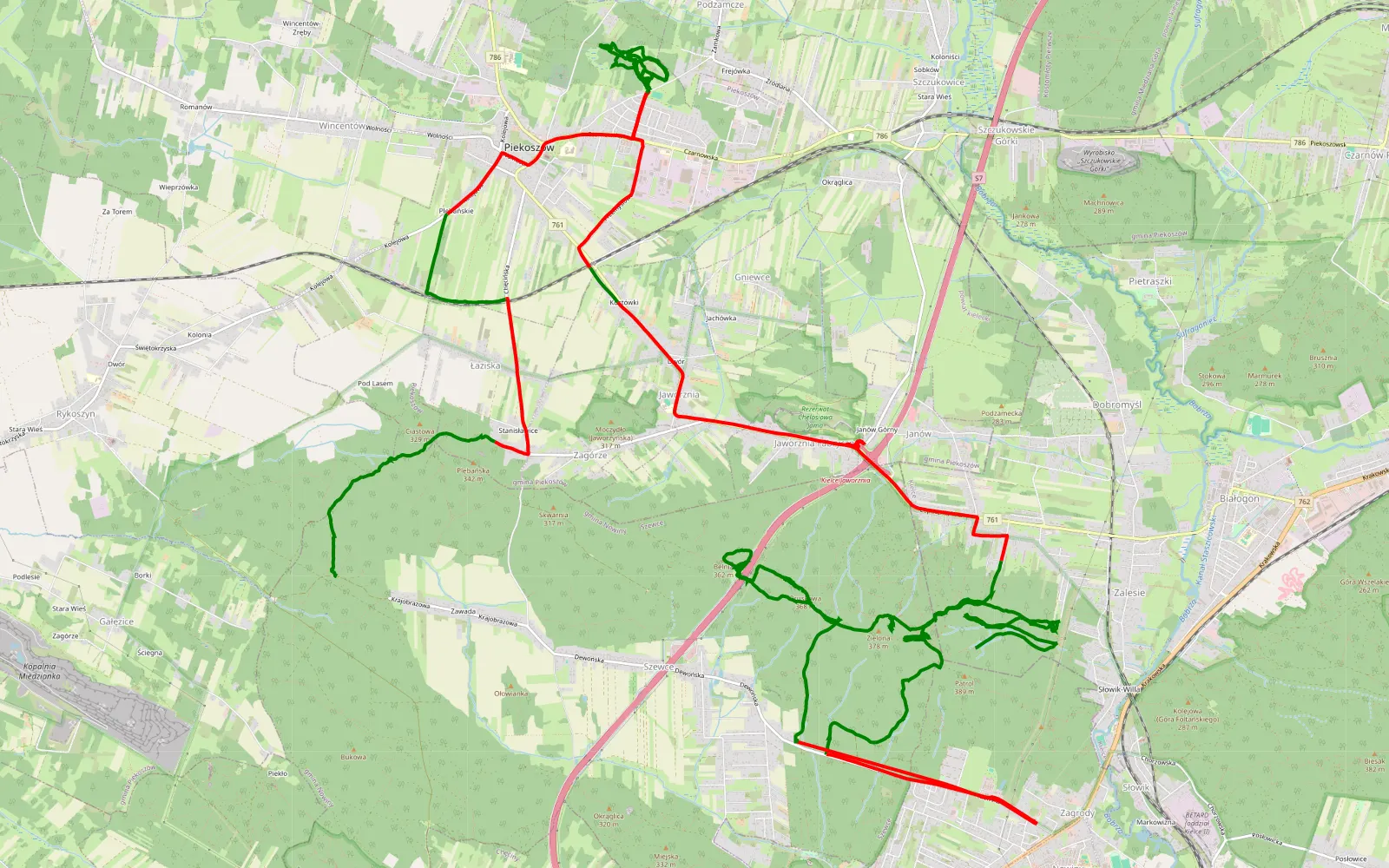 Mapa trasy Zawada - Słowik - 39.6 km trasy offroad, Powiat Kielecki