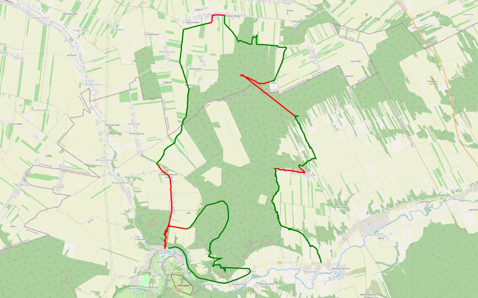 Map of Pętkowice - Bałtów - 29.5 km offroad trail, Ostrowiec County