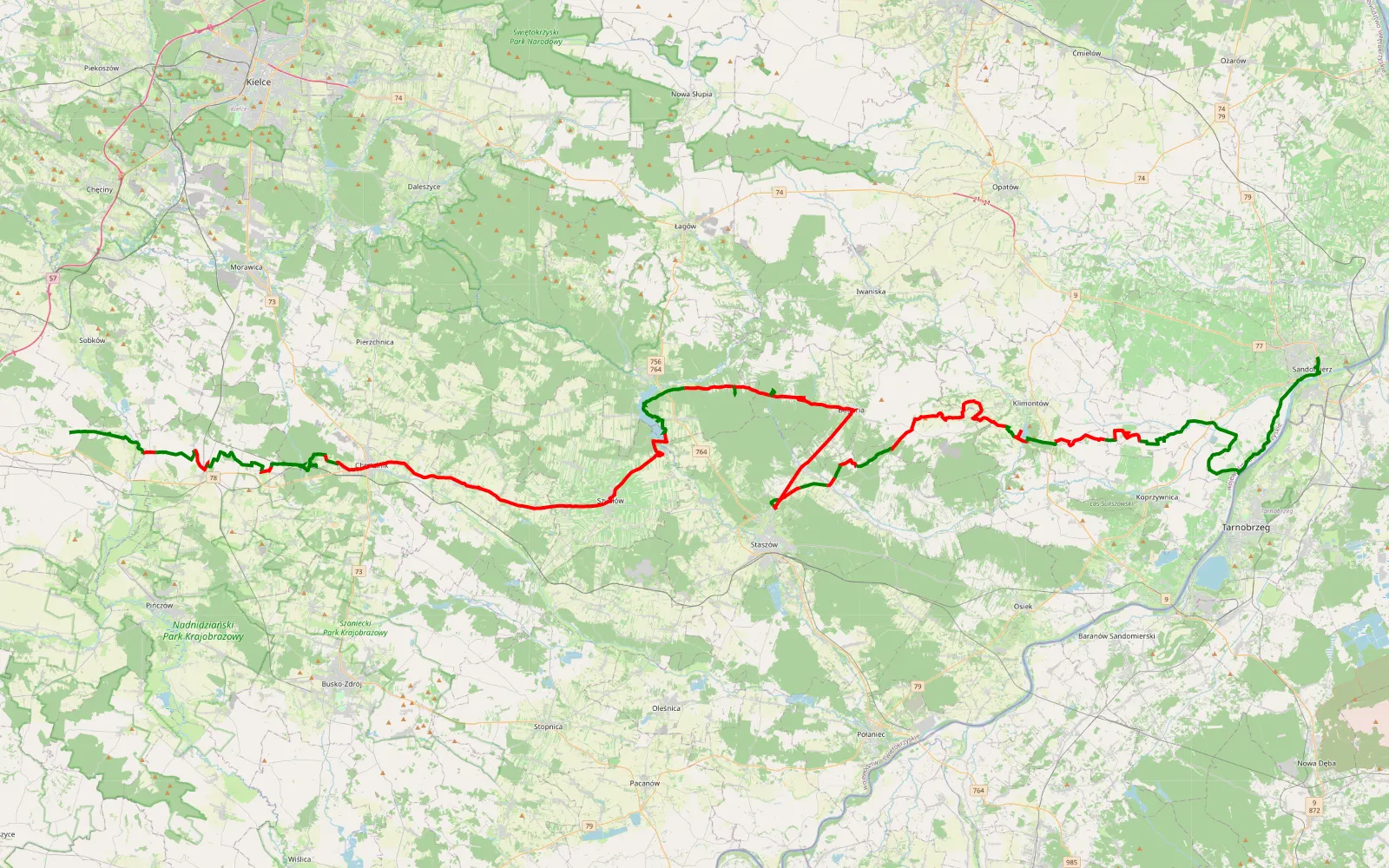 Map of Chwaścice - Sandomierz - 136.9 km offroad trail, Staszów County