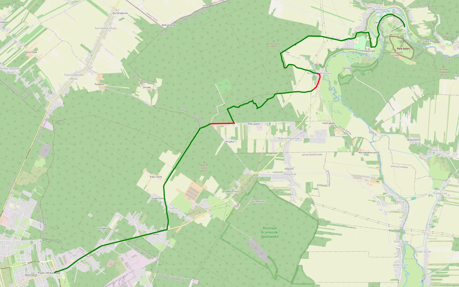Mapa trasy Bałtów - Koszary - 8.9 km trasy offroad, Powiat Ostrowiecki