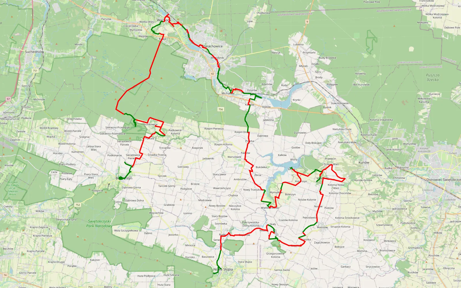 Map of Bodzentyn - Nowa Słupia - 107.7 km offroad trail, Starachowice County