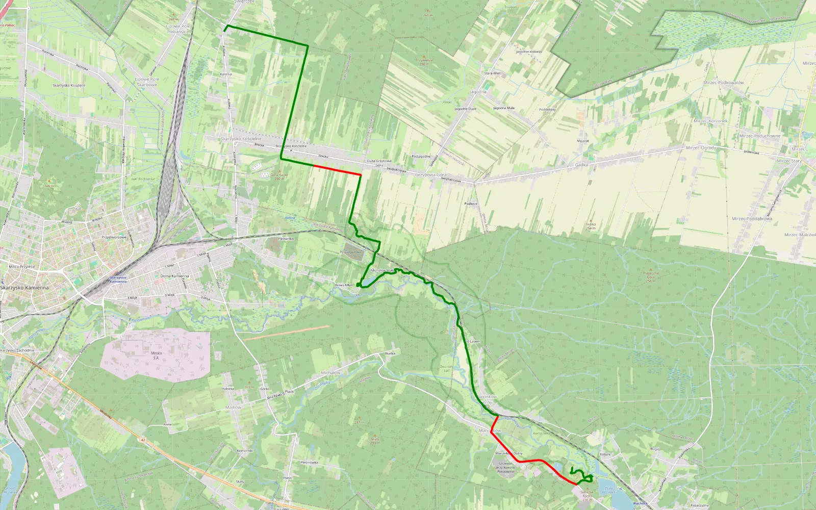 Mapa trasy Wąchock, trasa turystyczna - 14.9 km trasy offroad, Powiat Skarżyski
