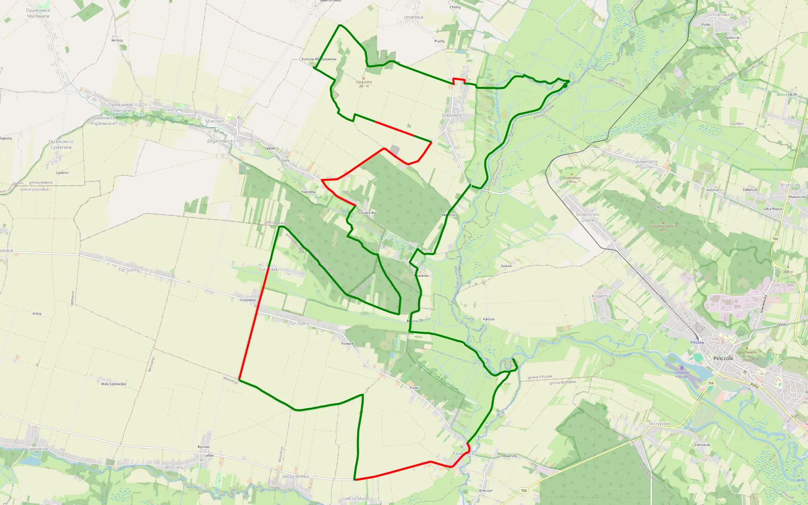 Mapa trasy Ponidzie, po pagórkach 2 - 33.3 km trasy offroad, Powiat Jędrzejowski