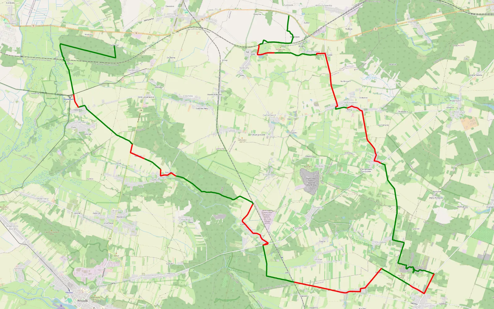 Mapa trasy Hajdaszek - Żydówek - 38.2 km trasy offroad, Powiat Pińczowski