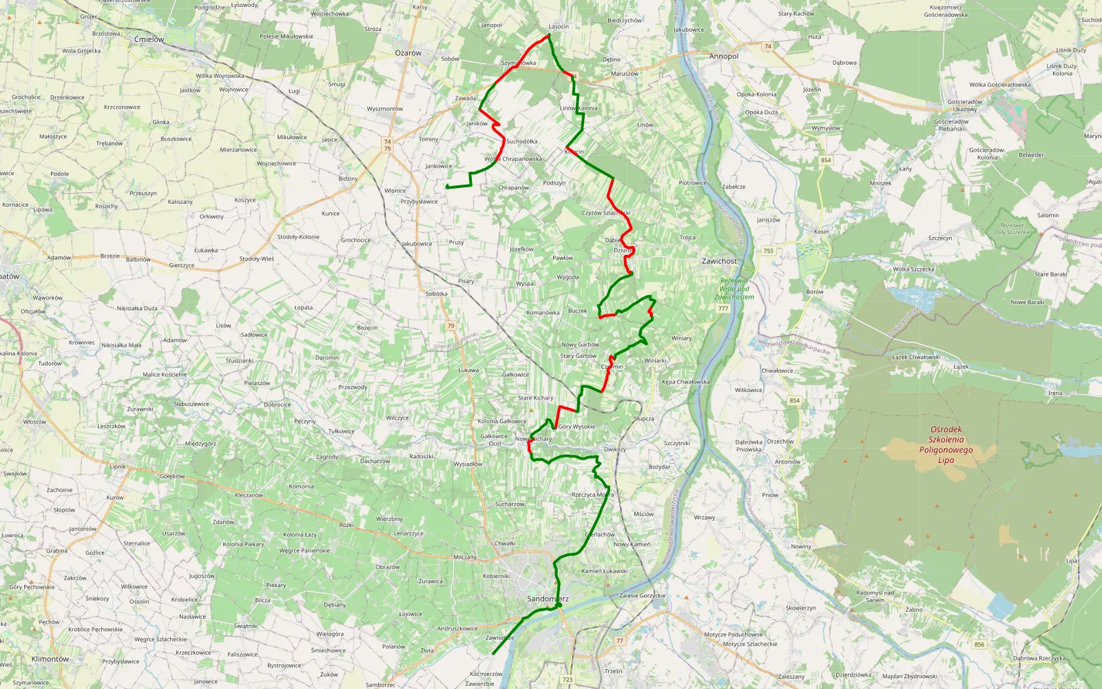Map of Sandomierz - 45.6 km offroad trail, Sandomierz County