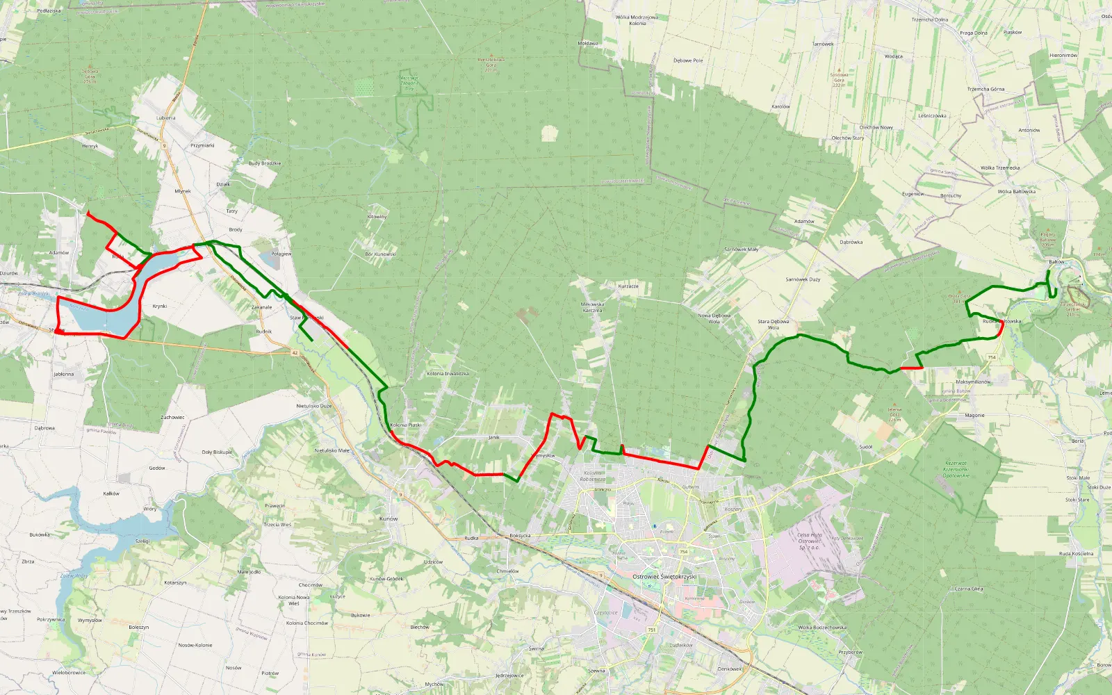 Map of Bałtów - Staw Kunowski - 60.4 km offroad trail, Ostrowiec County