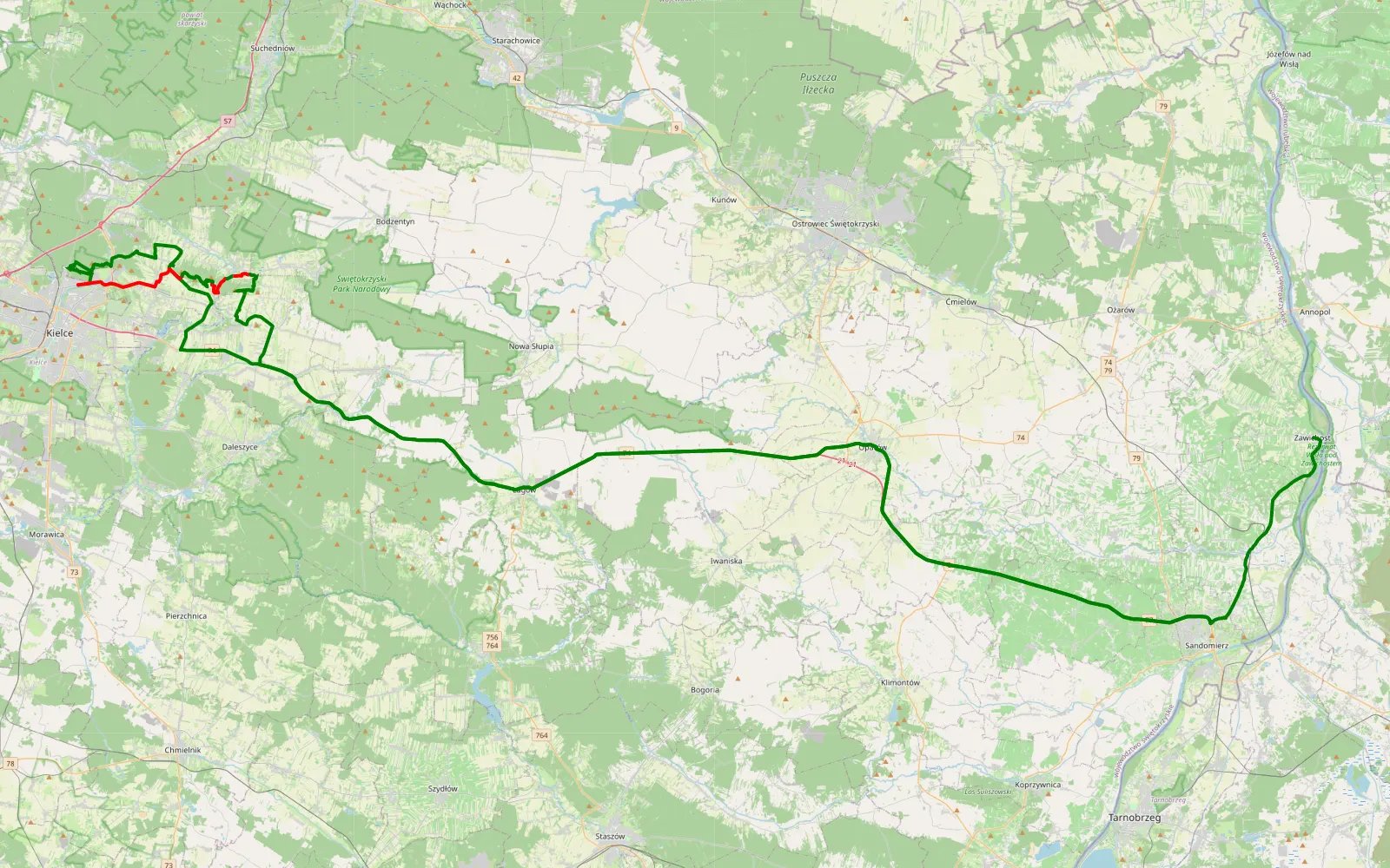 Map of Sandomierz - Zawichost - 27.7 km offroad trail, Kielce County
