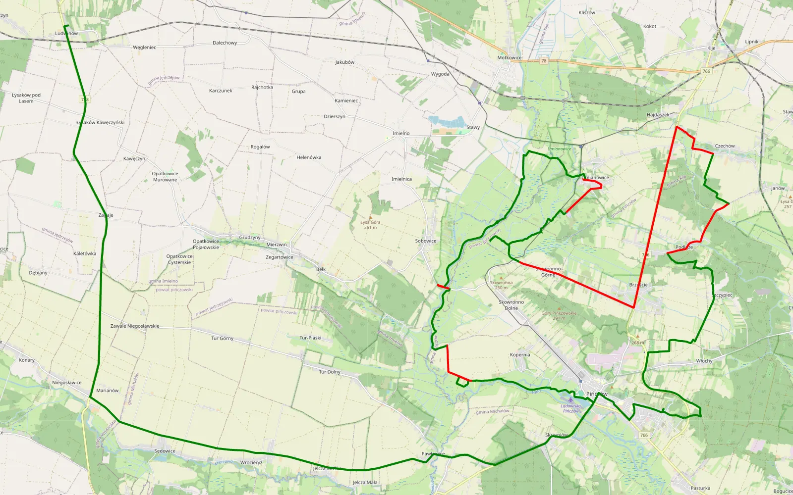 Mapa trasy Pińczów - Ludwinów - 45.4 km trasy offroad, Powiat Pińczowski