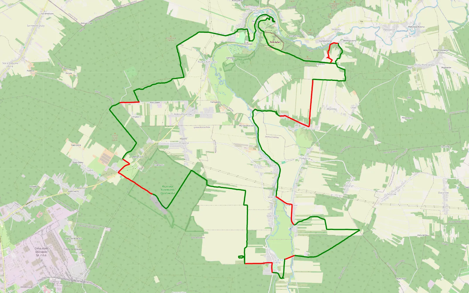 Mapa trasy Bałtów Jeep Sunrise - 40.6 km trasy offroad, Powiat Ostrowiecki