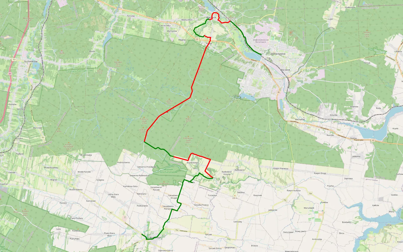 Mapa trasy Bodzentyn - Starachowice Górne - 23.9 km trasy offroad, Powiat Starachowicki