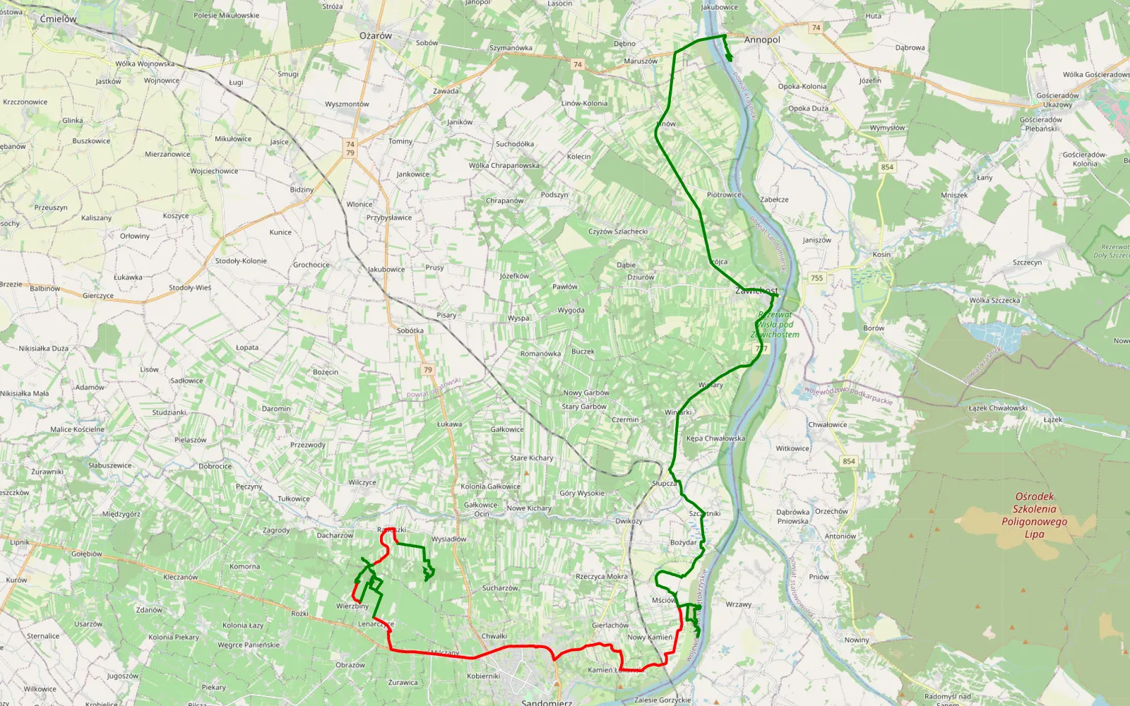 Map of Wysiadłów - Opoczka Mała - 34.2 km offroad trail, Sandomierz County