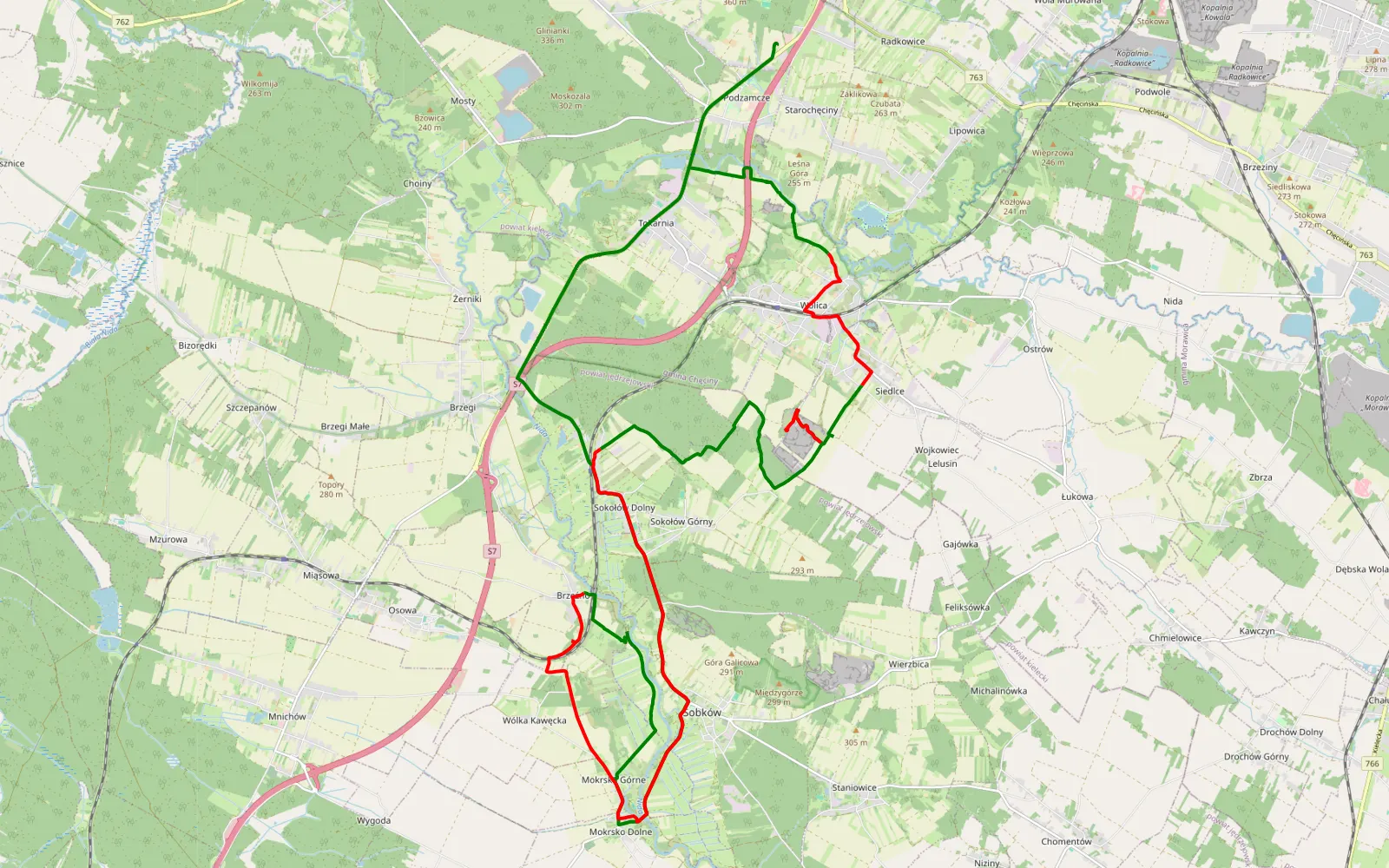 Mapa trasy Wrzosy - Tokarnia - 30.5 km trasy offroad, Powiat Jędrzejowski