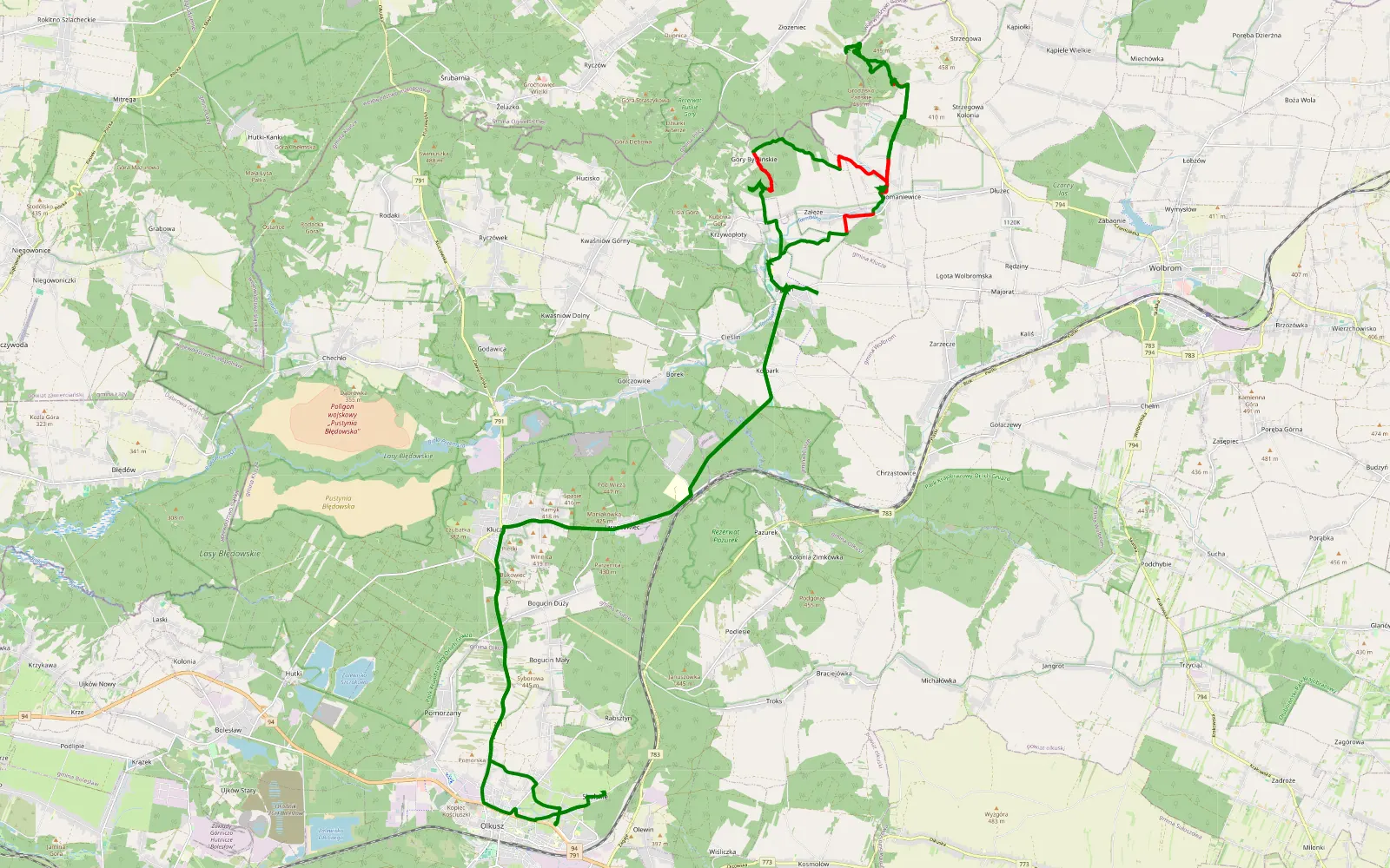 Mapa trasy Skalskie - Góry bydlińskie błoto + - 20.6 km trasy offroad, Powiat Olkuski