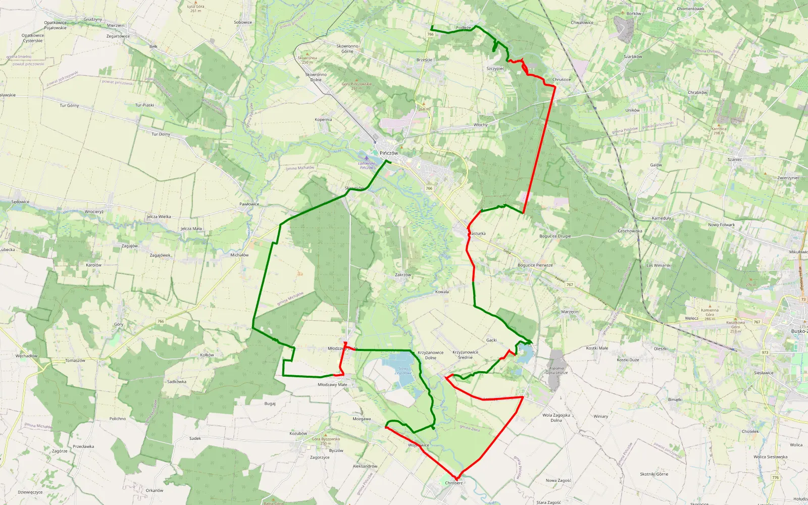 Mapa trasy Pińczów - Podłęże - 44.7 km trasy offroad, Powiat Pińczowski