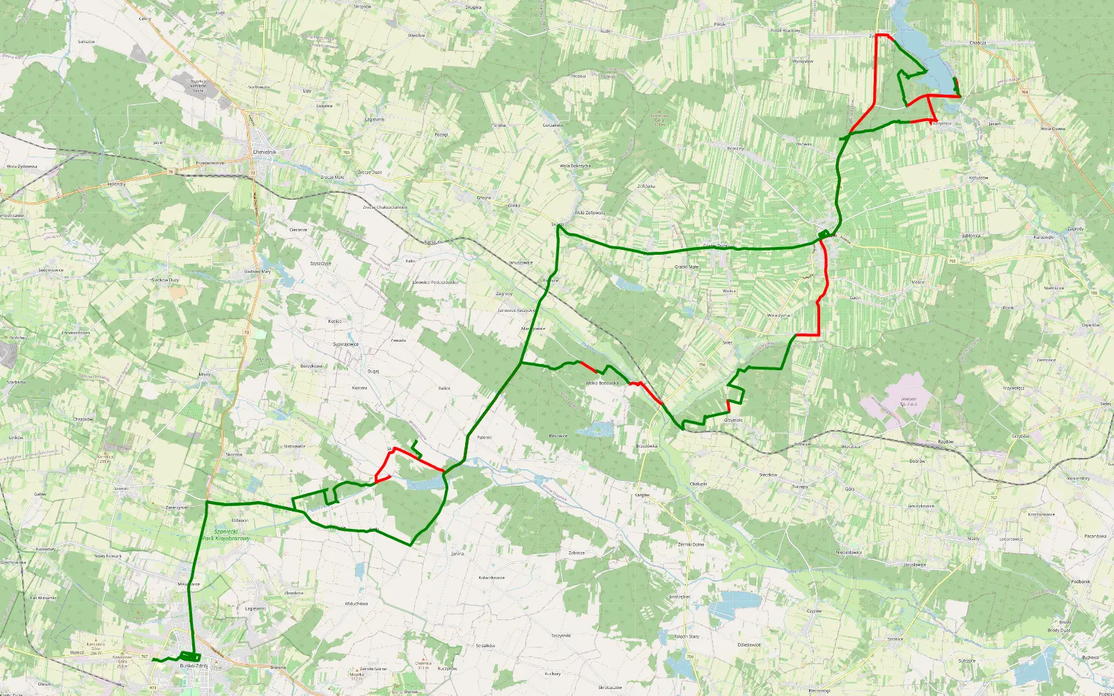 Mapa trasy Zwierzyniec - Busko-Zdrój - 53.6 km trasy offroad, Powiat Buski