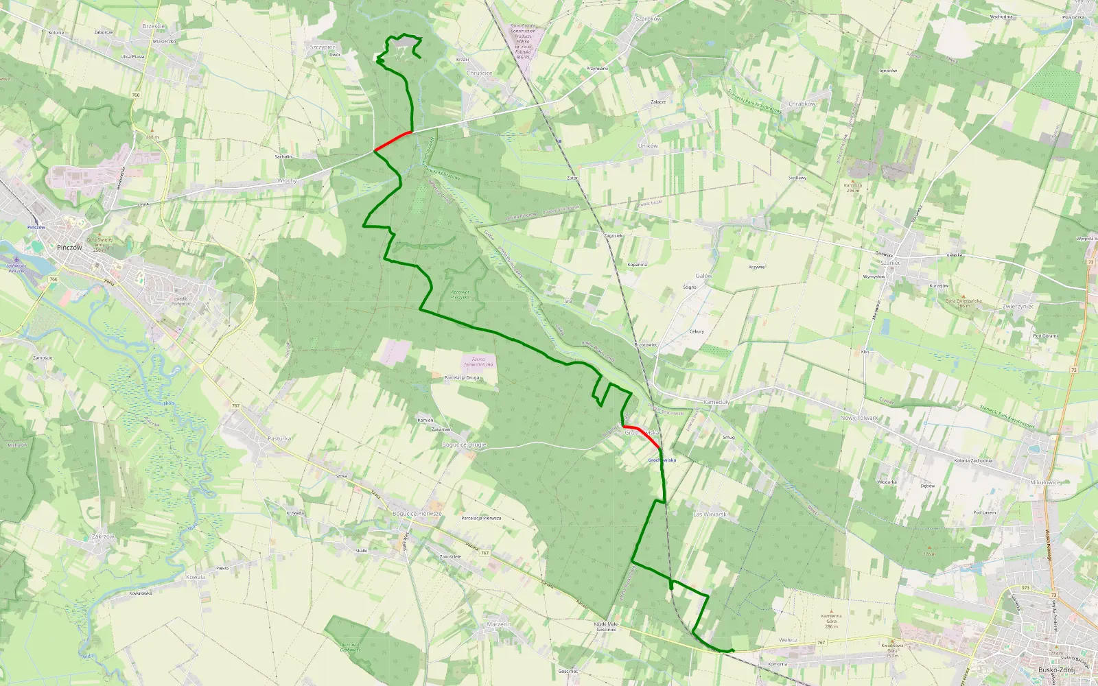 Mapa trasy Wełecz Oleszki - Chruścice - 14.4 km trasy offroad, Powiat Pińczowski