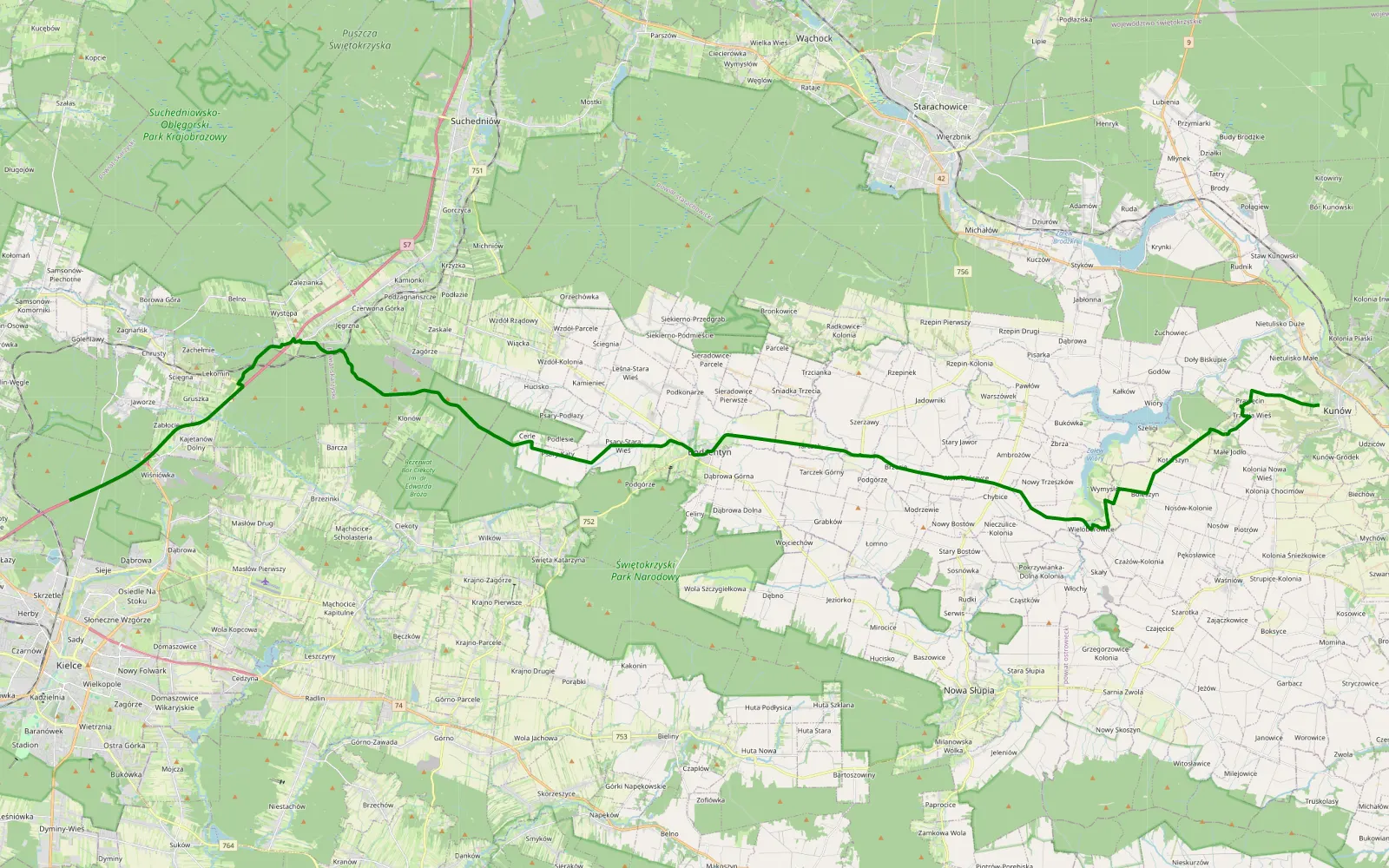 Mapa trasy Kunów - Sieje - 1.2 km trasy offroad, Powiat Ostrowiecki
