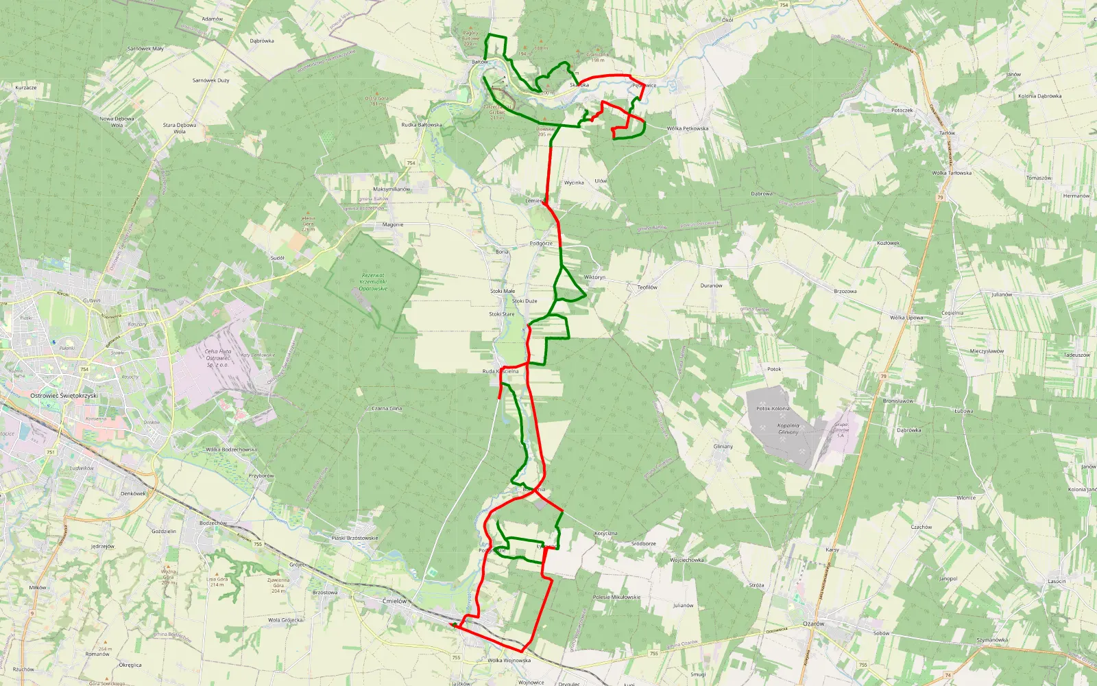 Mapa trasy Bałtów - 55.8 km trasy offroad, Powiat Ostrowiecki