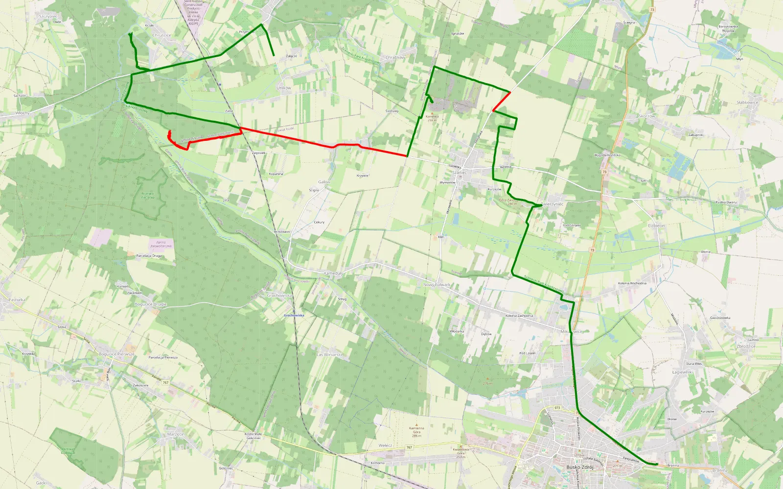 Mapa trasy Bronina - Uników - 20.2 km trasy offroad, Powiat Buski
