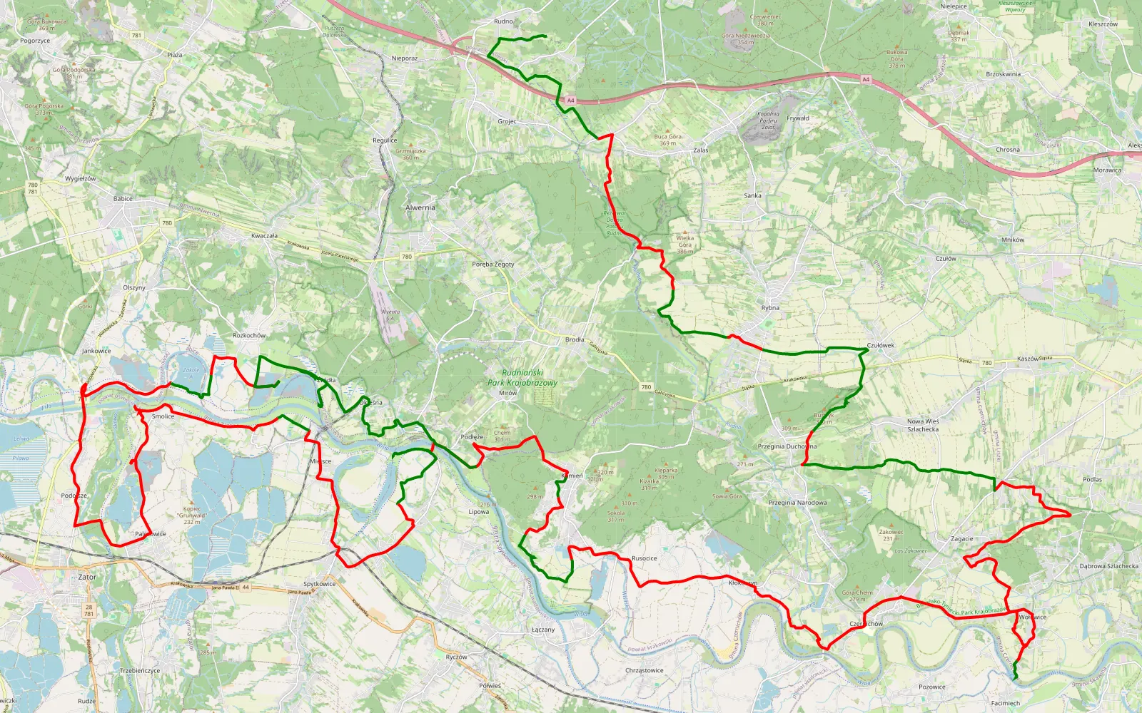 Mapa trasy Zamek Teczynek - Wisła do Zator - 84 km trasy offroad, Powiat Krakowski