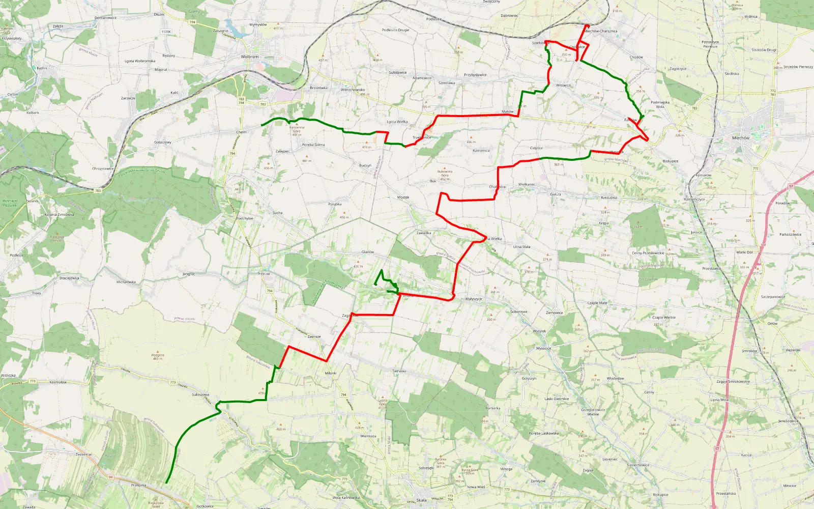 Mapa trasy Gotkowice - Kamienna Góra - 58.5 km trasy offroad, Powiat Miechowski