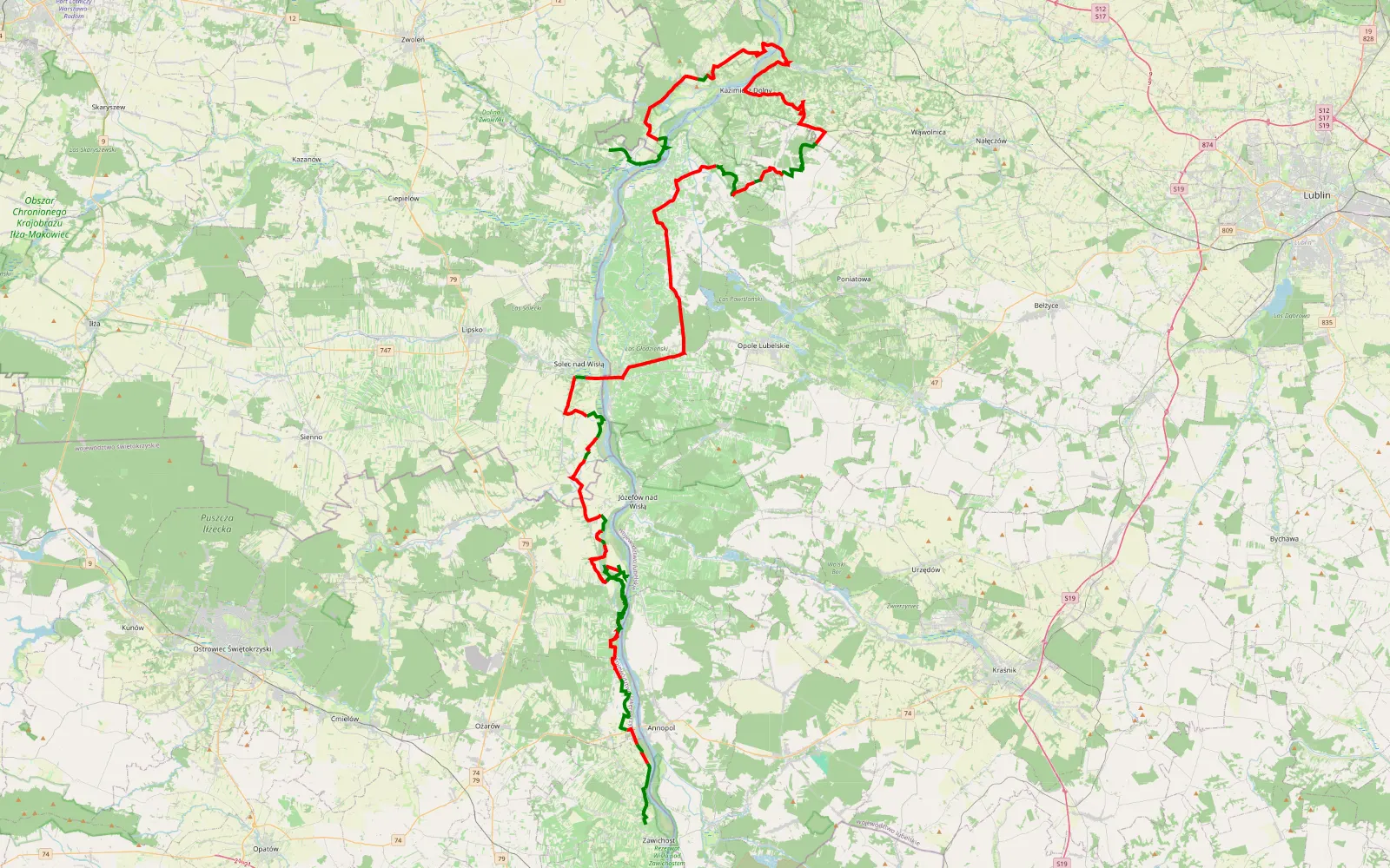 Map of Tarnobrzeg - Dorotka - Kazimierz - Solec - 151.9 km offroad trail, Opatów County