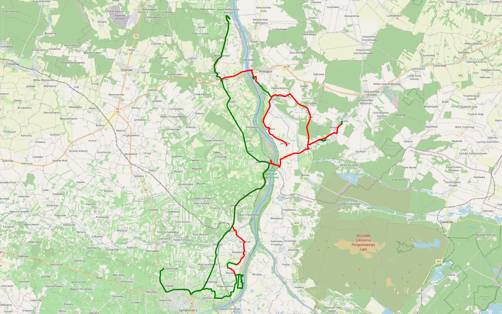 Map of SGT4x4 trasa1 Sandomierz Zawichost Annopol Nowe - 71.9 km offroad trail, Kraśnik County