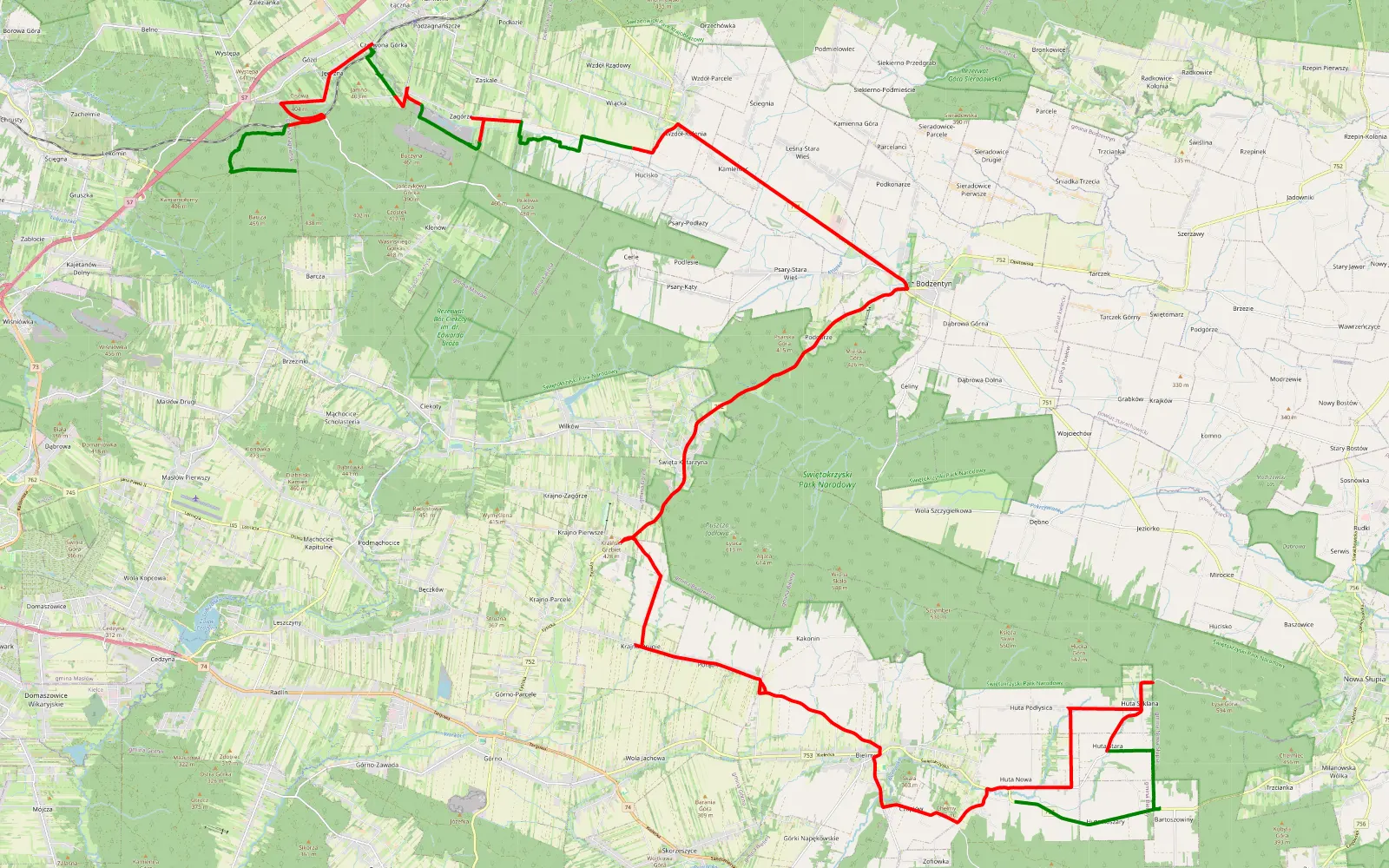 Map of Nowa Huta - Jęgrzna - 58.7 km offroad trail, Kielce County