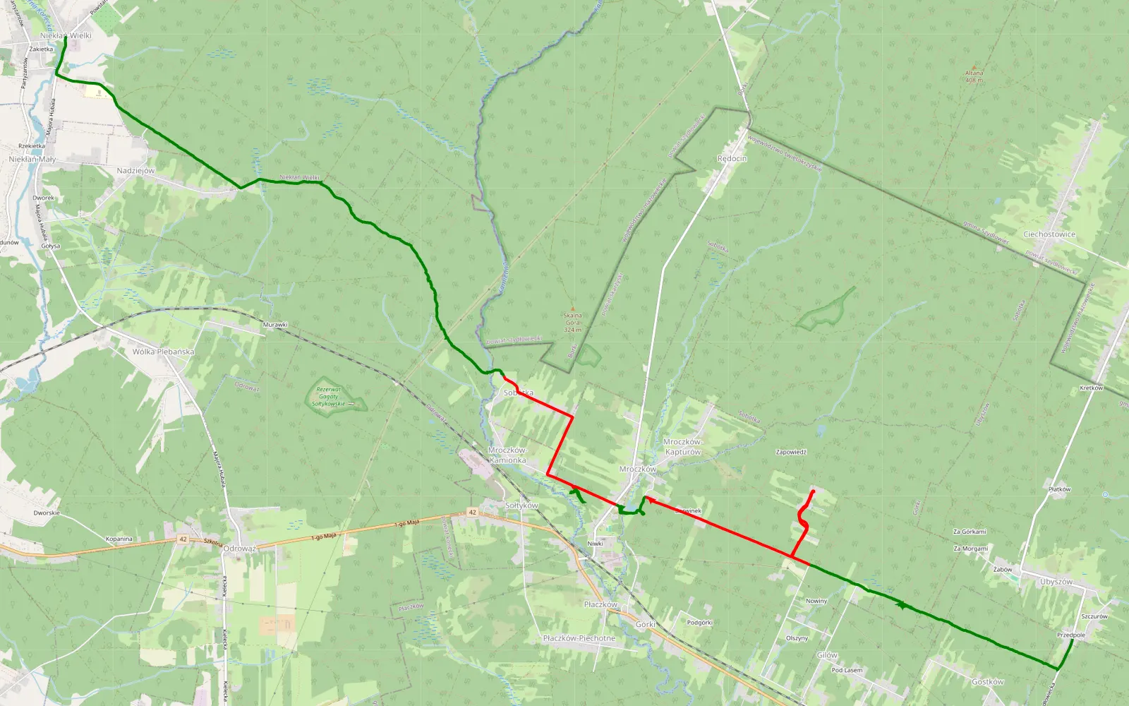Map of Niekłań Wielki - Ubyszów - 15.8 km offroad trail, Skarżysko County