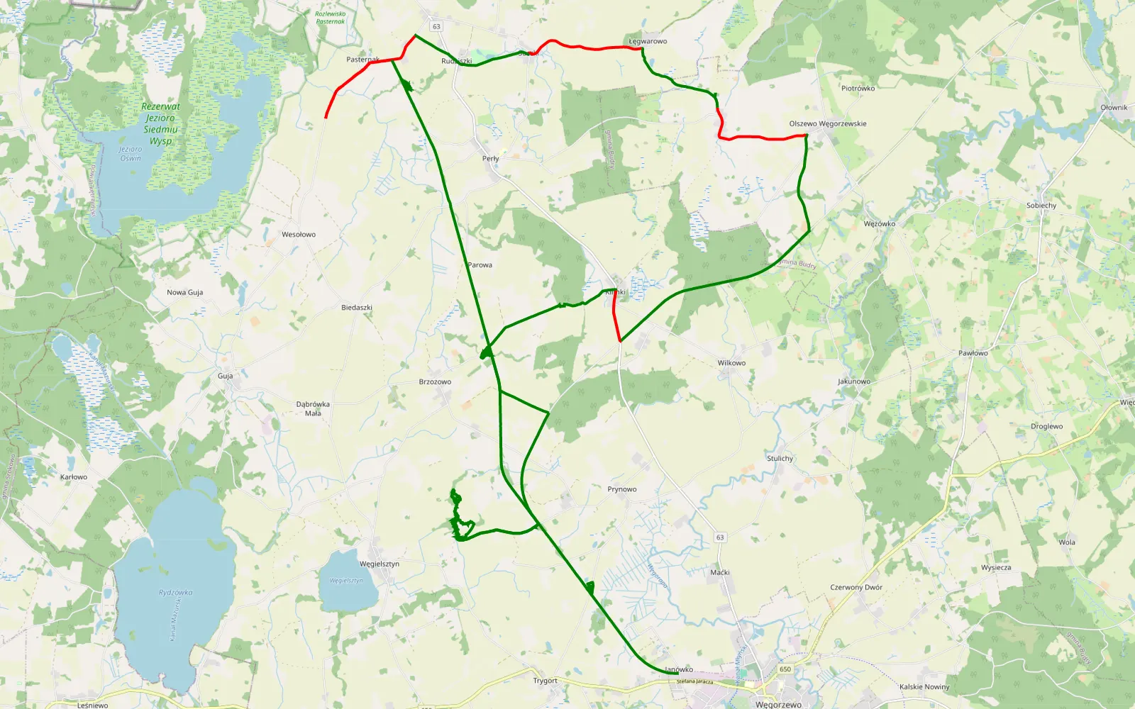 Map of Węgorzewo - Prynowo - 53.4 km offroad trail, Węgorzewo County