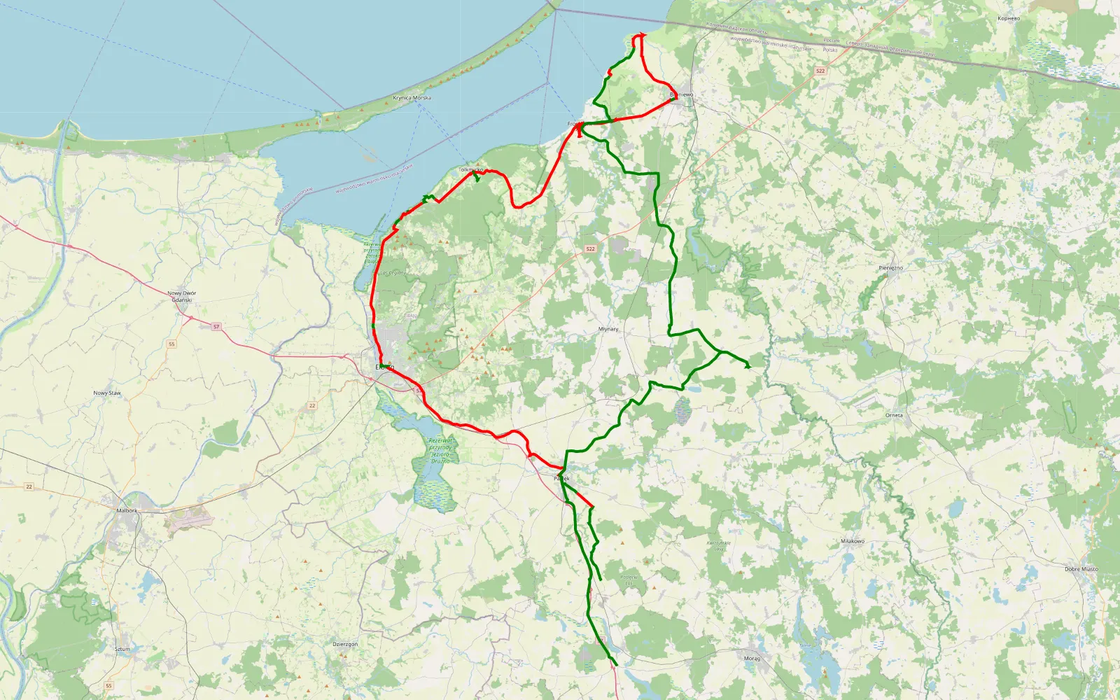 Mapa trasy Marzewo - Zajezierze - 110.8 km trasy offroad, Powiat Elbląski