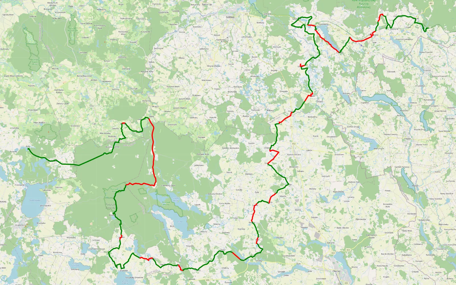 Mapa trasy Kuty - Stańczyki. Dzień czwarty - 128.8 km trasy offroad, Powiat Gołdapski