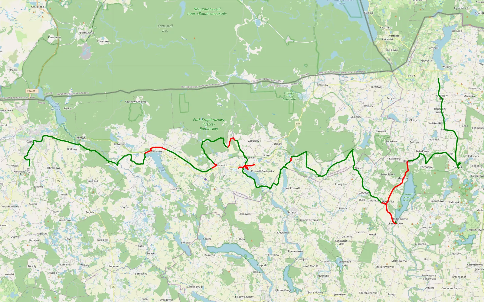 Map of Różyńsk - Wiżajny - 66.9 km offroad trail, Gołdap County