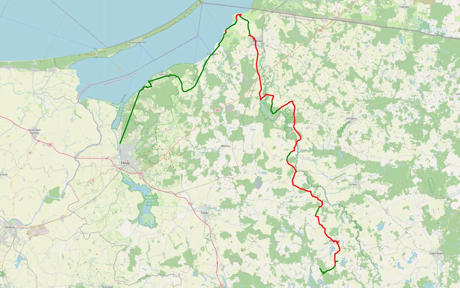 Mapa trasy Roje - Modrzewina - 95.2 km trasy offroad, Powiat Braniewski