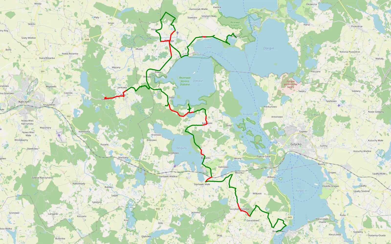 Map of Bogaczewo - Sztynort - 72.9 km offroad trail, Giżycko County