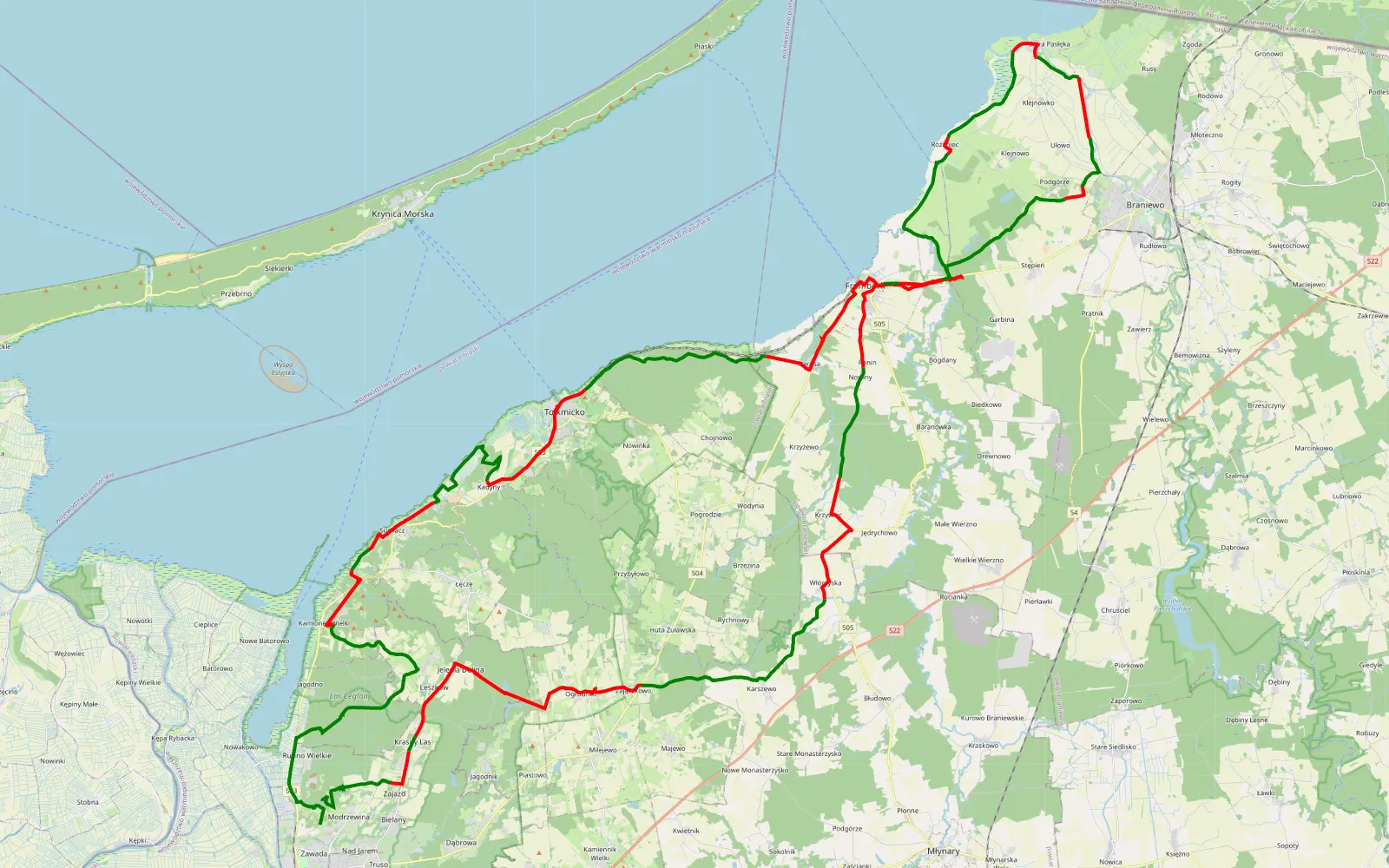 Mapa trasy Modrzewina - 101.3 km trasy offroad, Powiat Braniewski