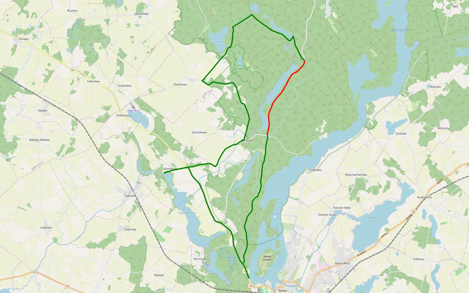 Mapa trasy Iława - Szymbark-szlak Iławski Biskupin - 25.2 km trasy offroad, Powiat Iławski