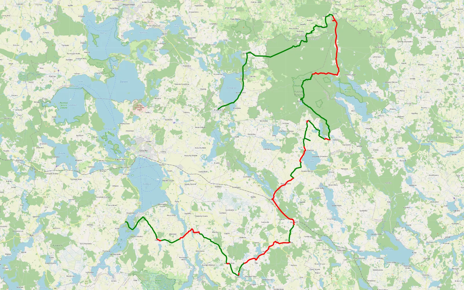 Mapa trasy Kozin - Kruklanki - 89 km trasy offroad, Powiat Giżycki