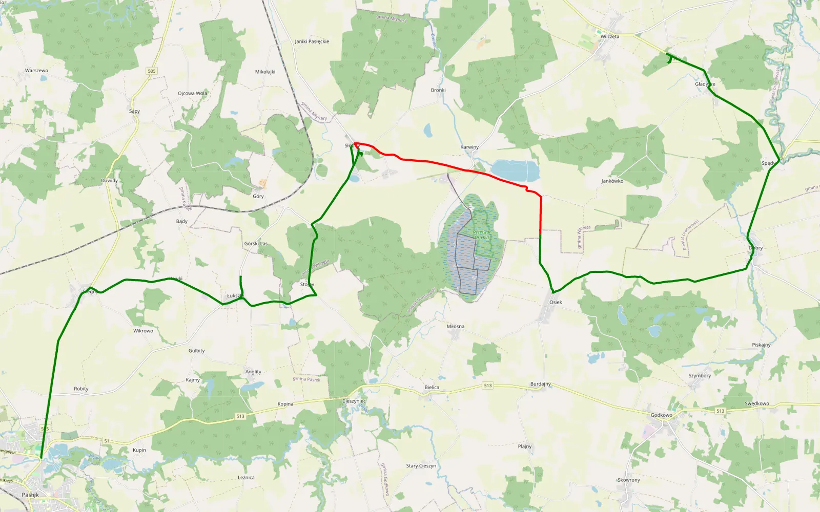 Mapa trasy Pasłęk - Gładysze - 8.4 km trasy offroad, Powiat Braniewski