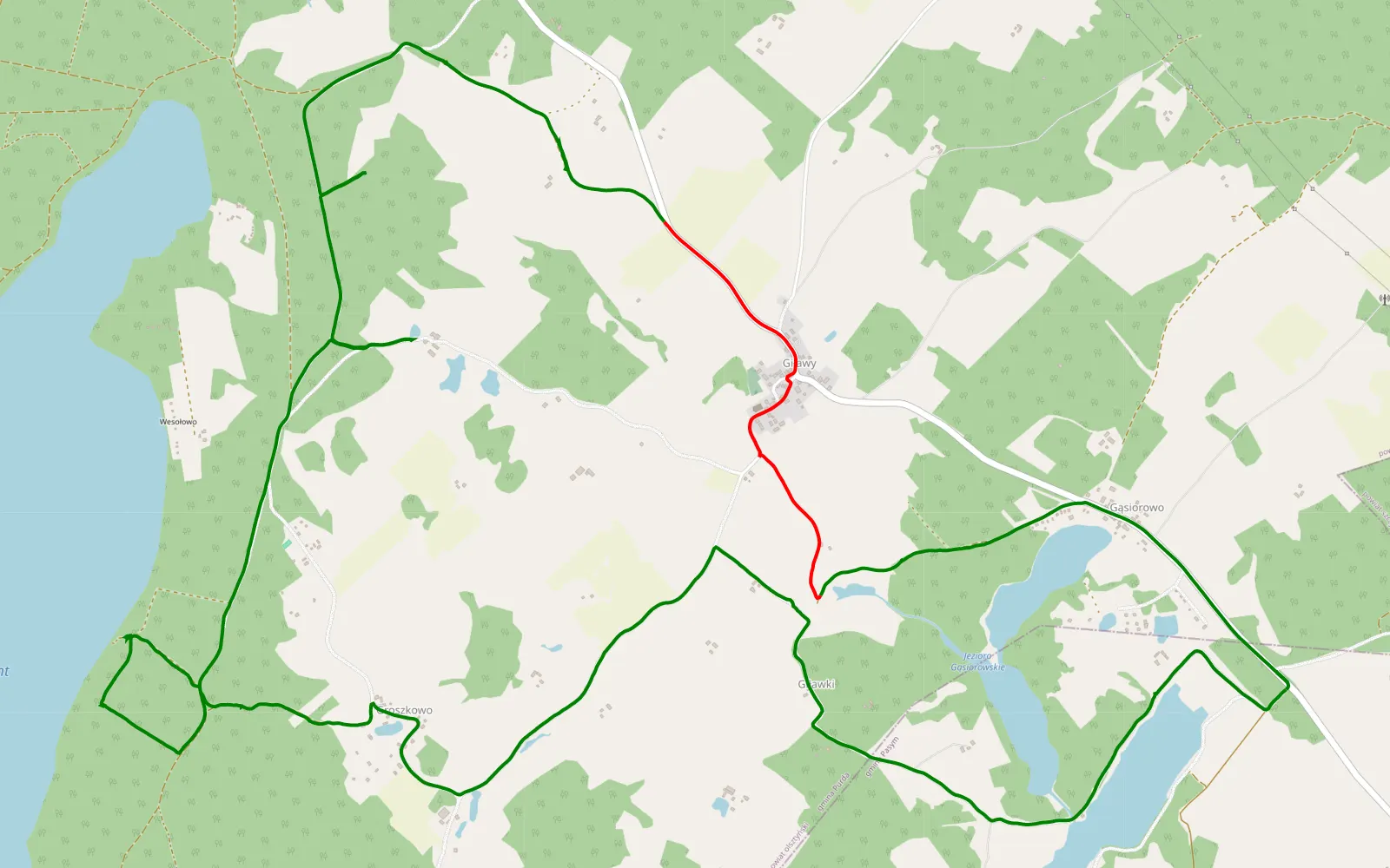 Mapa trasy Gąsiorowo - 15.1 km trasy offroad, Powiat Olsztyński