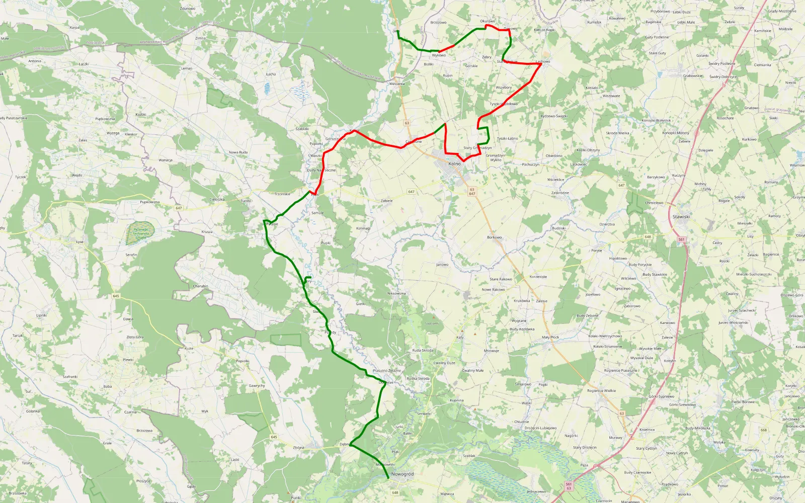 Mapa trasy Jeże - Nowogród - 43.5 km trasy offroad, Powiat Kolneński