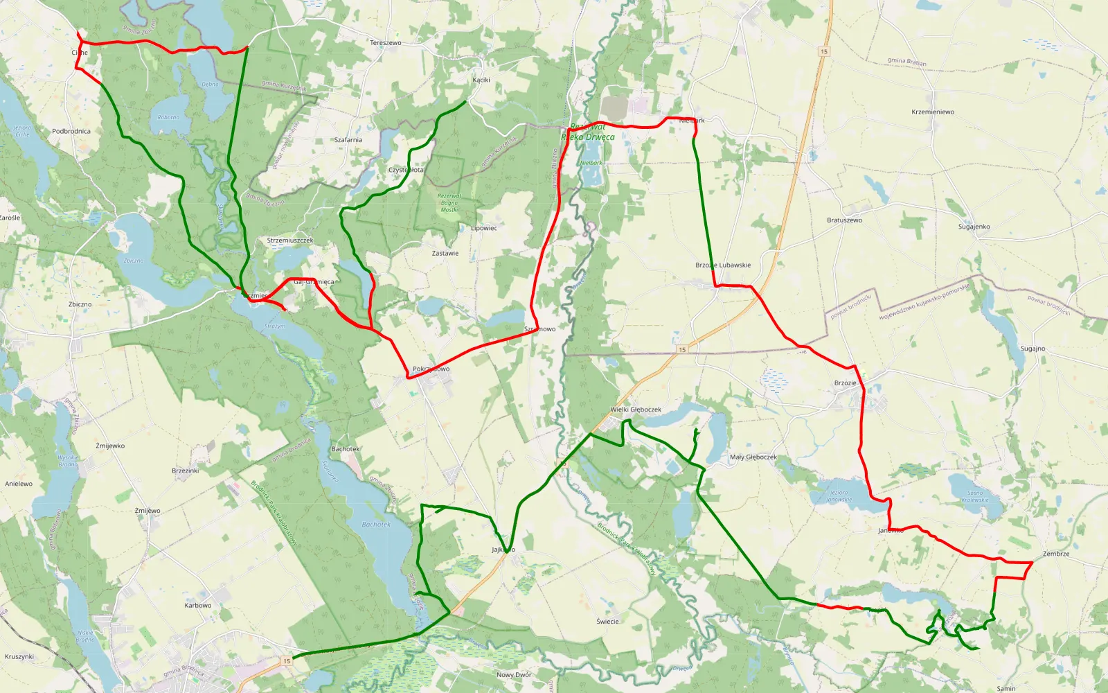 Map of Brodnica turystyk - 63.6 km offroad trail, Brodnica County