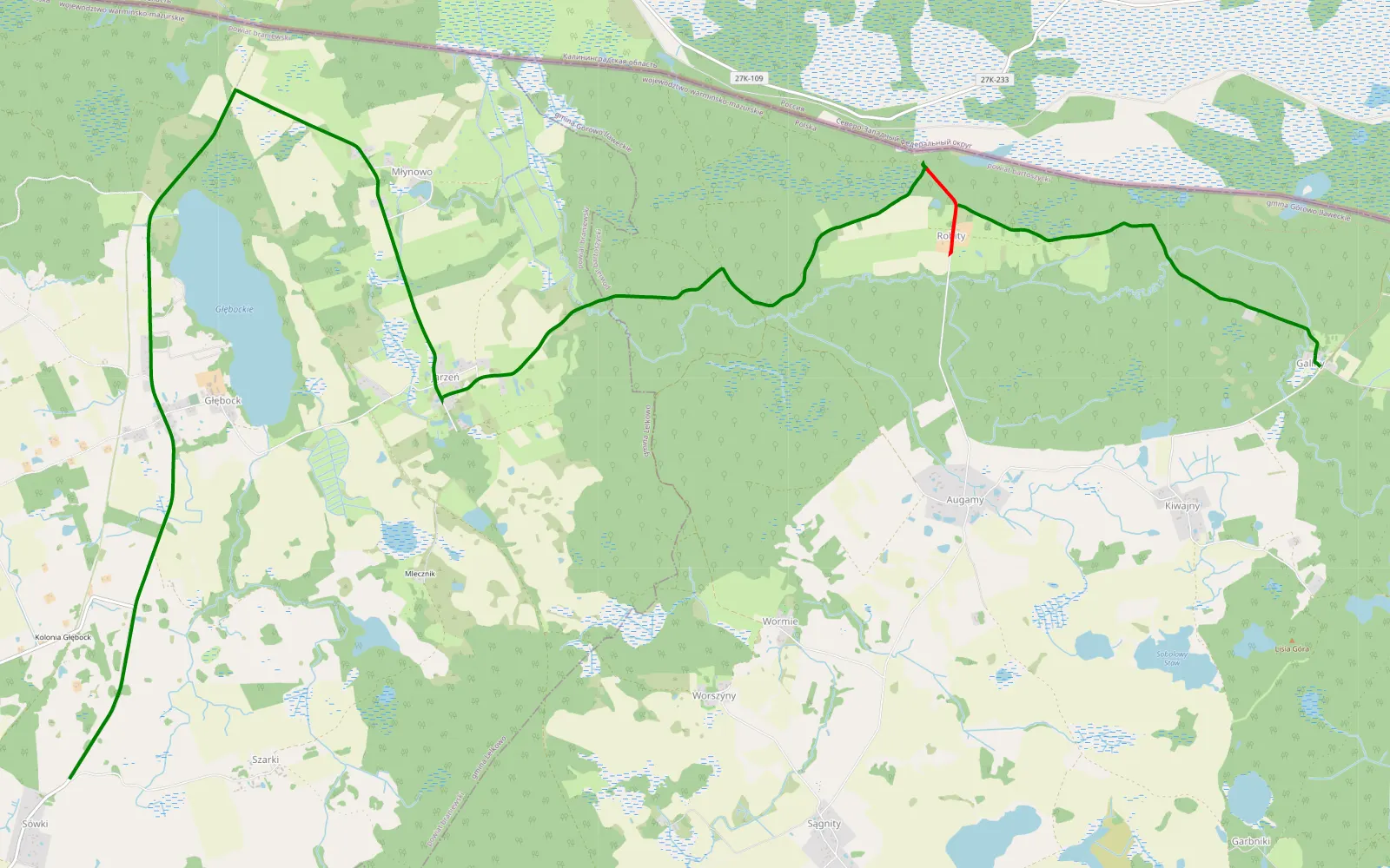Mapa trasy Le long de la frontière pologne russe - 9 km trasy offroad, Powiat Bartoszycki
