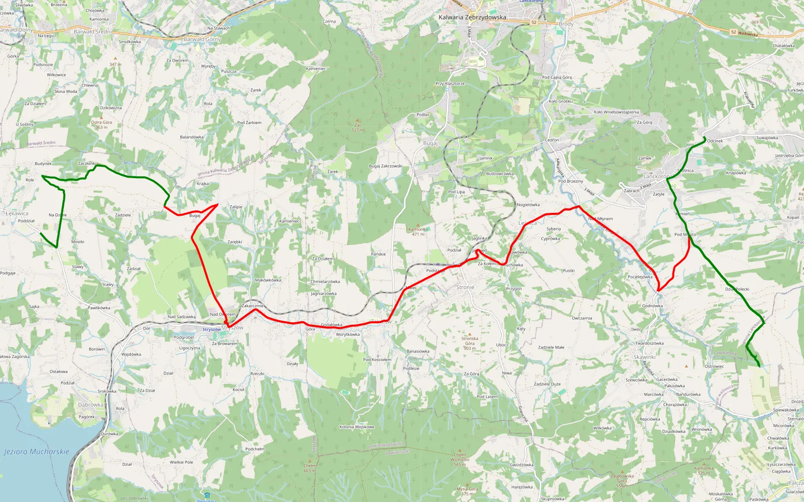 Mapa trasy Łękawica - Lanckorona - 19.8 km trasy offroad, Powiat Wadowicki