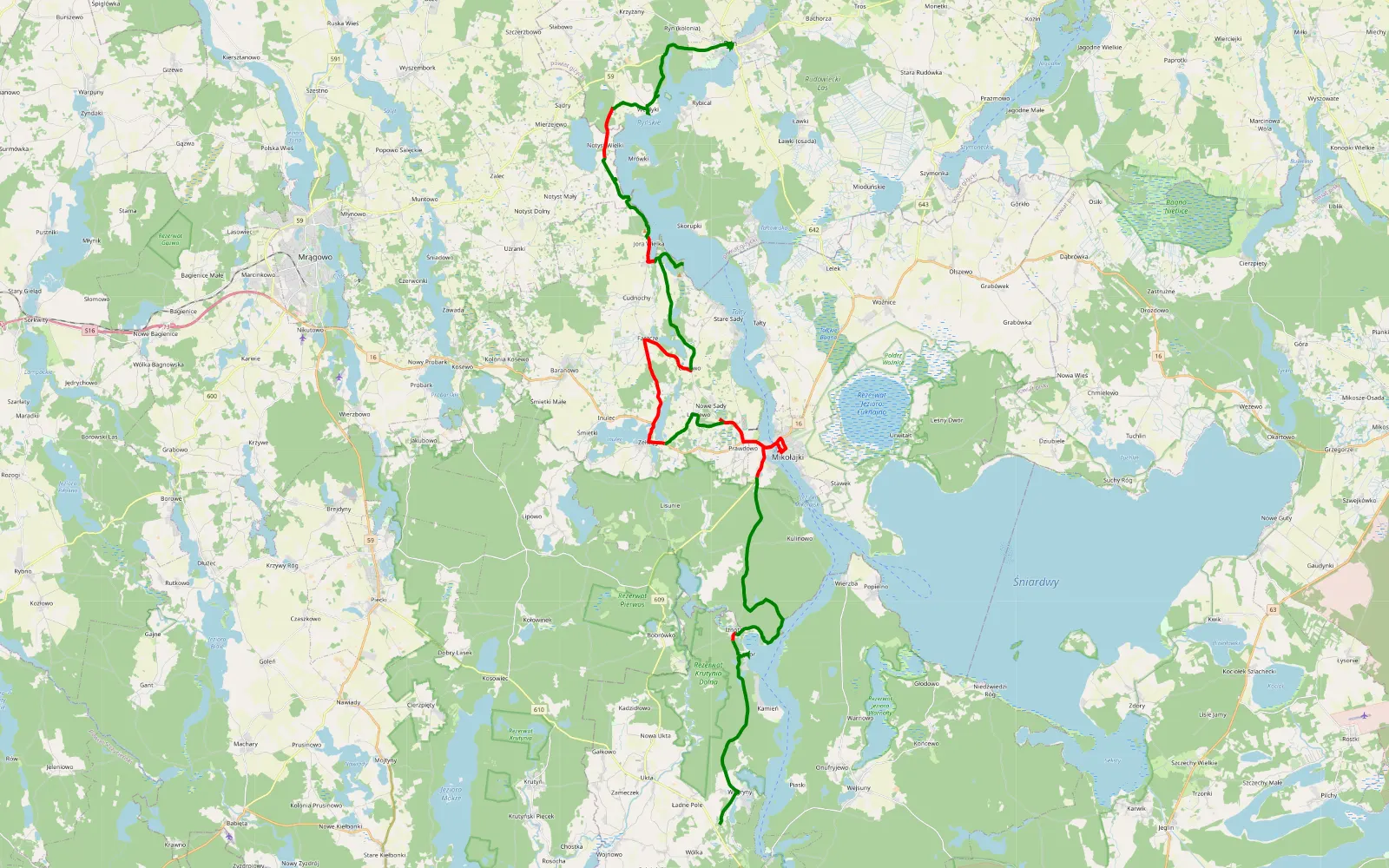 Mapa trasy Śwignajno Wielkie - Ryn - 52.7 km trasy offroad, Powiat Mrągowski