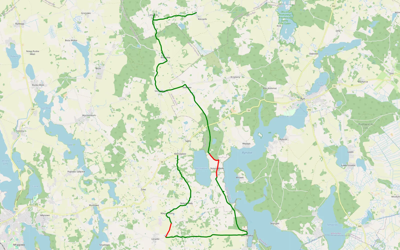 Mapa trasy Mierzejewo - Koczarki - 24.2 km trasy offroad, Powiat Mrągowski