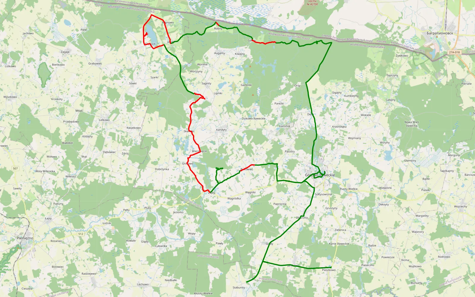 Mapa trasy Głębock - Górowo Iławeckie - 57.6 km trasy offroad, Powiat Bartoszycki