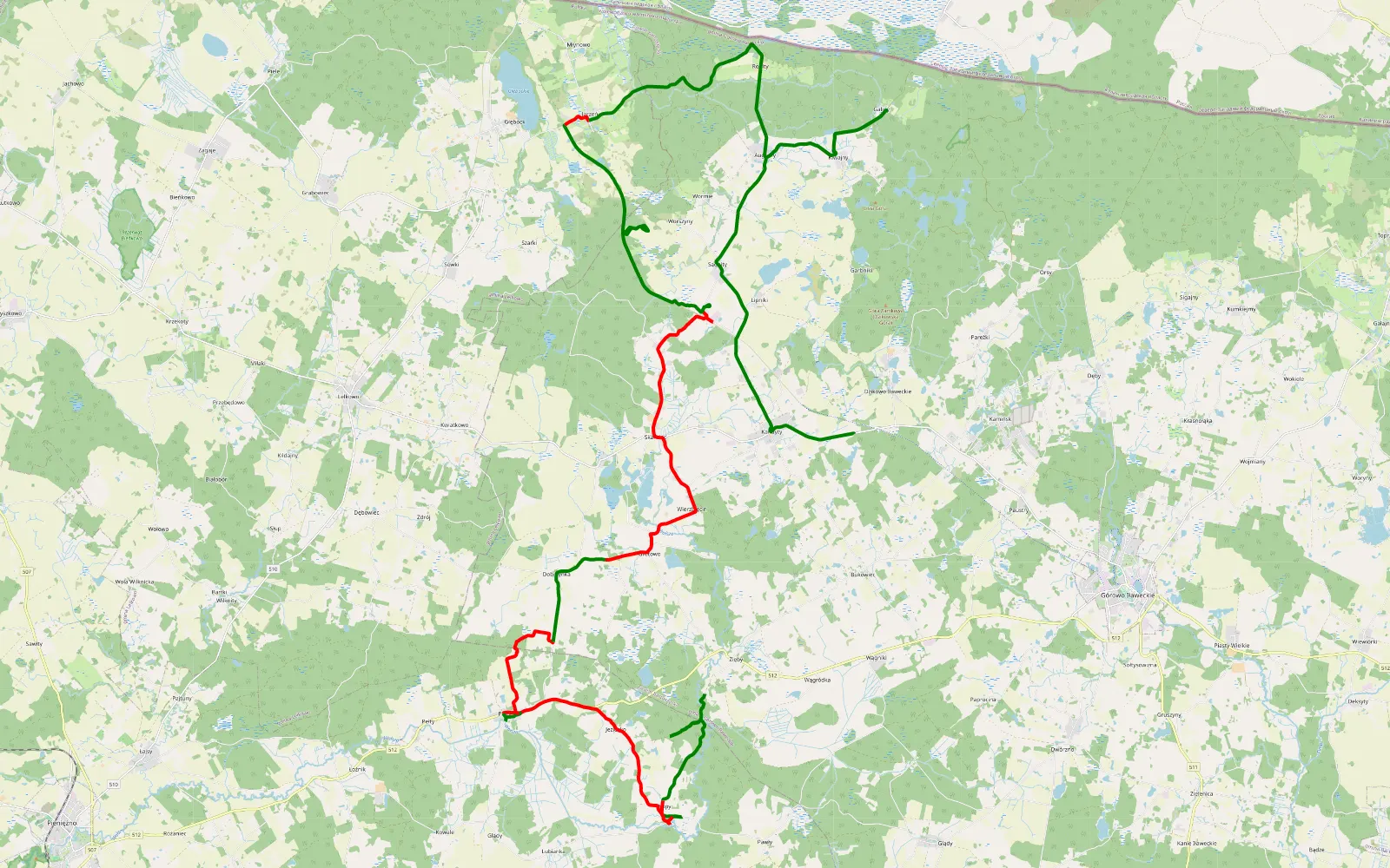 Mapa trasy Zięby - Sągnity - 39.2 km trasy offroad, Powiat Bartoszycki