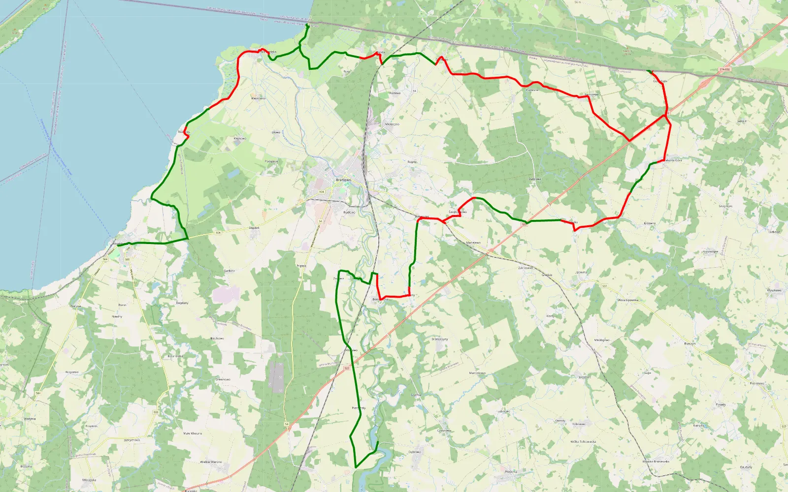 Mapa trasy Trąbki - Frombork - 63.1 km trasy offroad, Powiat Braniewski