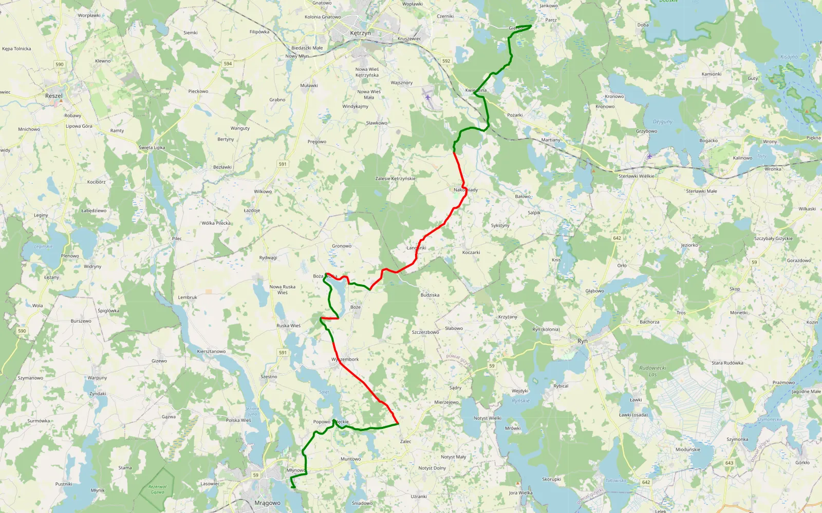 Mapa trasy Mrągowo - Gierłoż - 31.3 km trasy offroad, Powiat Mrągowski